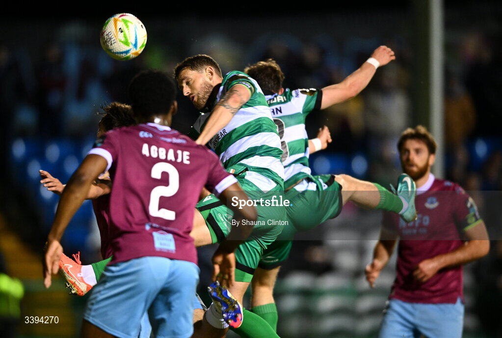 16 March 2026; Lee Grace of Shamrock Rovers has a header on goal during the SSE Airtricity Men's Premier Division match between Drogheda United and Shamrock Rovers at Sullivan & Lambe Park in Drogheda, Louth. Photo by Shauna Clinton/Sportsfile