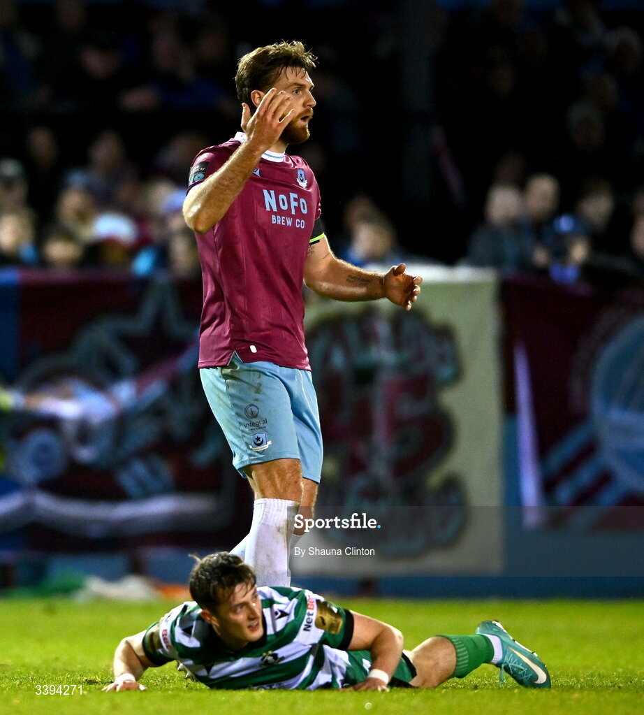 16 March 2026; Conor Keeley of Drogheda United reacts after being shown a yellow card during the SSE Airtricity Men's Premier Division match between Drogheda United and Shamrock Rovers at Sullivan & Lambe Park in Drogheda, Louth. Photo by Shauna Clinton/Sportsfile