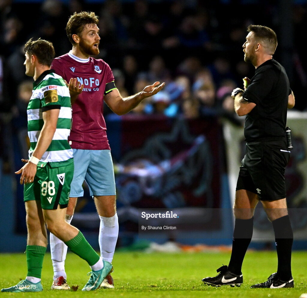 16 March 2026; Conor Keeley of Drogheda United reacts after being shown a yellow card during the SSE Airtricity Men's Premier Division match between Drogheda United and Shamrock Rovers at Sullivan & Lambe Park in Drogheda, Louth. Photo by Shauna Clinton/Sportsfile