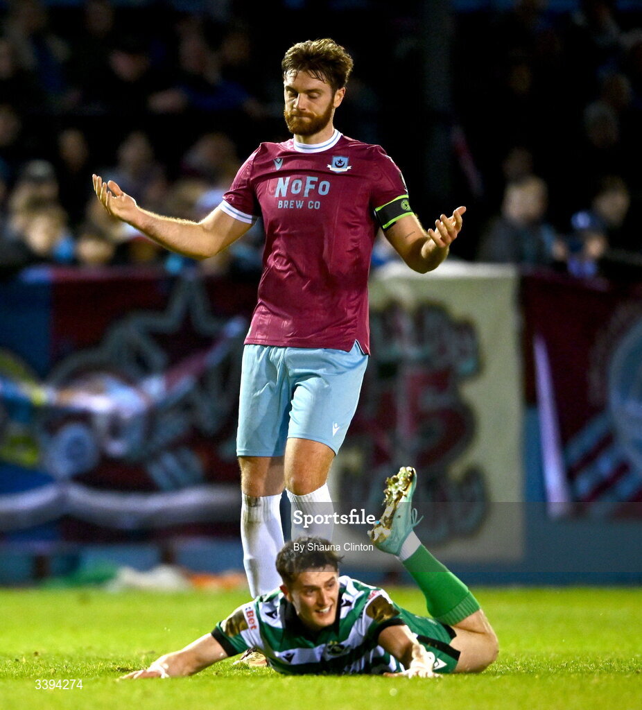 16 March 2026; Conor Keeley of Drogheda United reacts after being shown a yellow card during the SSE Airtricity Men's Premier Division match between Drogheda United and Shamrock Rovers at Sullivan & Lambe Park in Drogheda, Louth. Photo by Shauna Clinton/Sportsfile