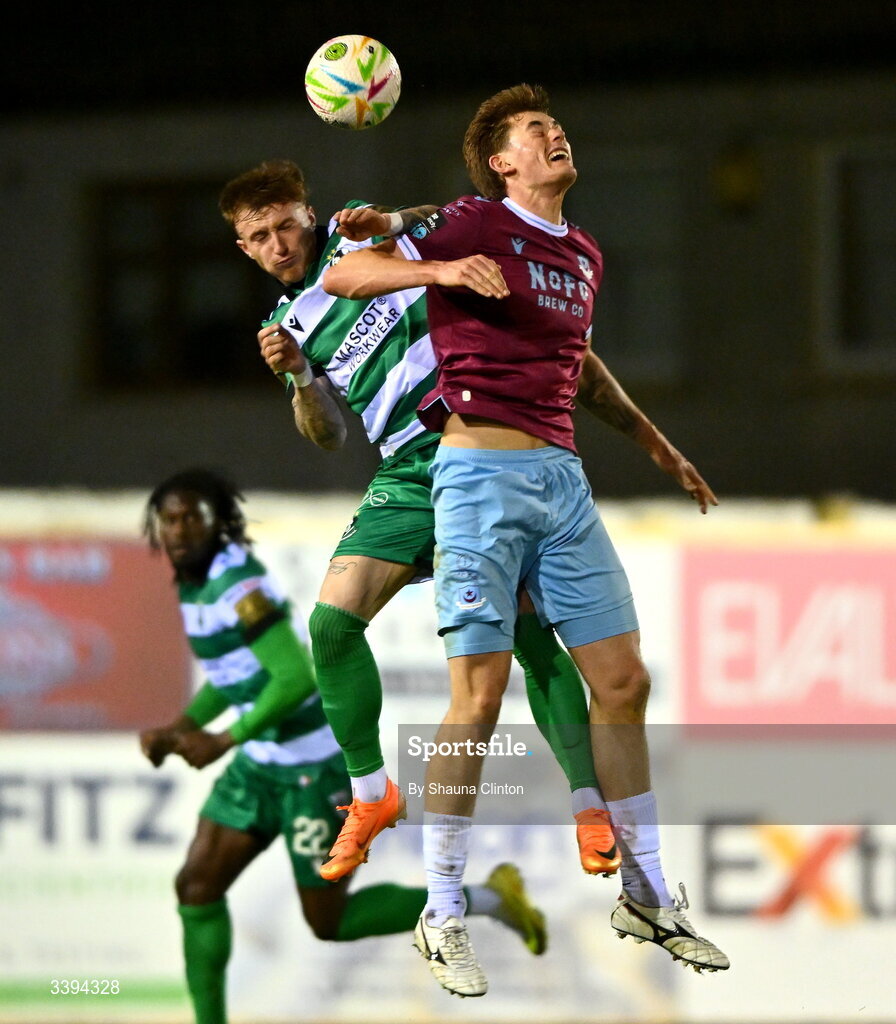16 March 2026; Jago Godden of Drogheda United in action against Danny Grant of Shamrock Rovers during the SSE Airtricity Men's Premier Division match between Drogheda United and Shamrock Rovers at Sullivan & Lambe Park in Drogheda, Louth. Photo by Shauna Clinton/Sportsfile