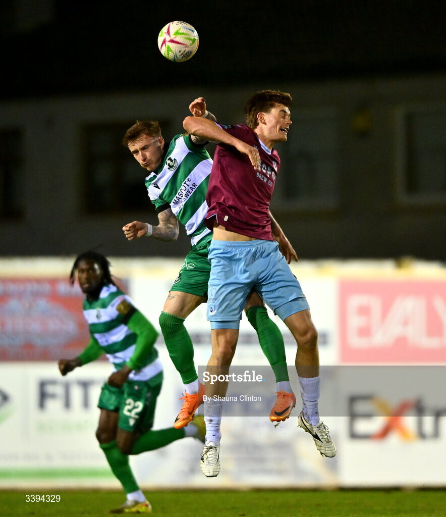 16 March 2026; Jago Godden of Drogheda United in action against Danny Grant of Shamrock Rovers during the SSE Airtricity Men's Premier Division match between Drogheda United and Shamrock Rovers at Sullivan & Lambe Park in Drogheda, Louth. Photo by Shauna Clinton/Sportsfile