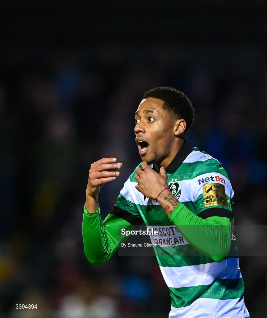 16 March 2026; Maleace Asamoah of Shamrock Rovers reacts during the SSE Airtricity Men's Premier Division match between Drogheda United and Shamrock Rovers at Sullivan & Lambe Park in Drogheda, Louth. Photo by Shauna Clinton/Sportsfile