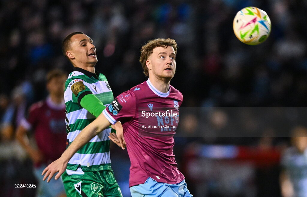 16 March 2026; Andrew Quinn of Drogheda United in action against Graham Burke of Shamrock Rovers during the SSE Airtricity Men's Premier Division match between Drogheda United and Shamrock Rovers at Sullivan & Lambe Park in Drogheda, Louth. Photo by Shauna Clinton/Sportsfile