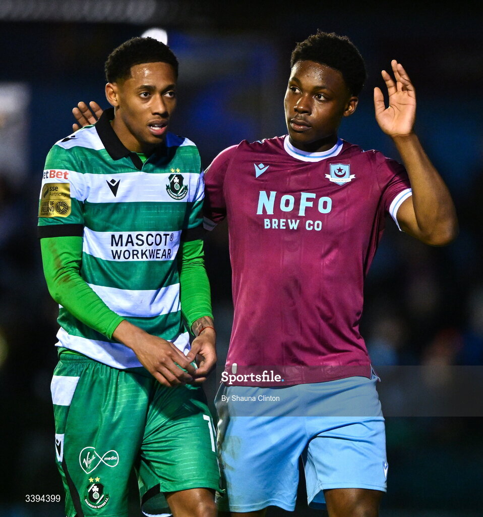 16 March 2026; Maleace Asamoah of Shamrock Rovers and Edwin Agbaje of Drogheda United during the SSE Airtricity Men's Premier Division match between Drogheda United and Shamrock Rovers at Sullivan & Lambe Park in Drogheda, Louth. Photo by Shauna Clinton/Sportsfile