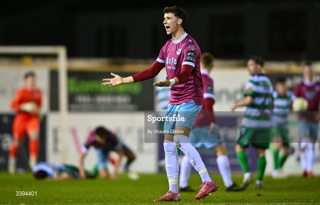 16 March 2026; Ethan O'Brien of Drogheda United reacts during the SSE Airtricity Men's Premier Division match between Drogheda United and Shamrock Rovers at Sullivan & Lambe Park in Drogheda, Louth. Photo by Shauna Clinton/Sportsfile