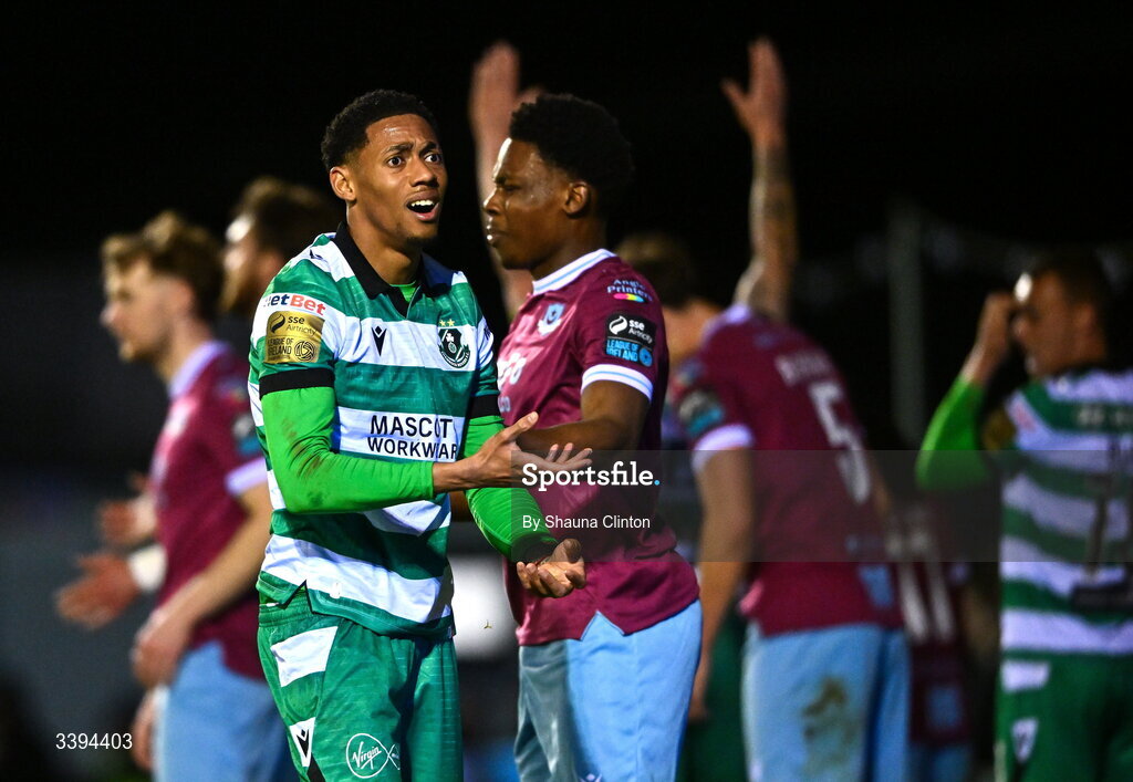 16 March 2026; Maleace Asamoah of Shamrock Rovers reacts during the SSE Airtricity Men's Premier Division match between Drogheda United and Shamrock Rovers at Sullivan & Lambe Park in Drogheda, Louth. Photo by Shauna Clinton/Sportsfile