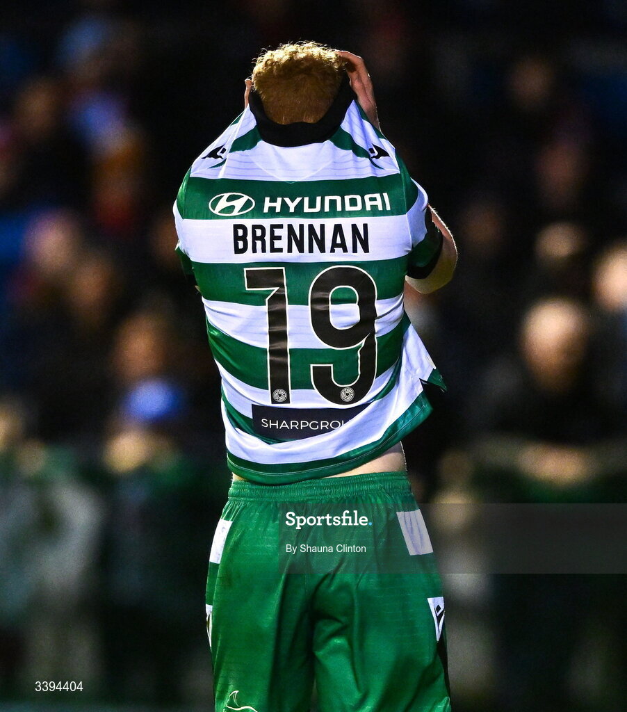 16 March 2026; Adam Brennan of Shamrock Rovers reacts to a missed shot on goal during the SSE Airtricity Men's Premier Division match between Drogheda United and Shamrock Rovers at Sullivan & Lambe Park in Drogheda, Louth. Photo by Shauna Clinton/Sportsfile