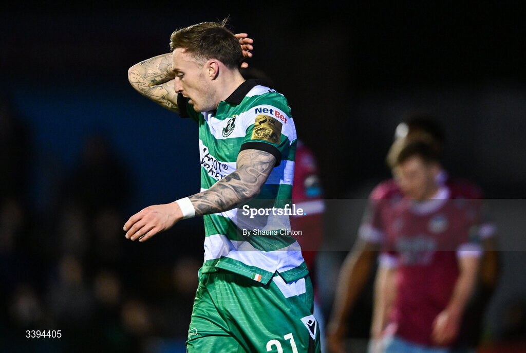 16 March 2026; Danny Grant of Shamrock Rovers reacts during the SSE Airtricity Men's Premier Division match between Drogheda United and Shamrock Rovers at Sullivan & Lambe Park in Drogheda, Louth. Photo by Shauna Clinton/Sportsfile