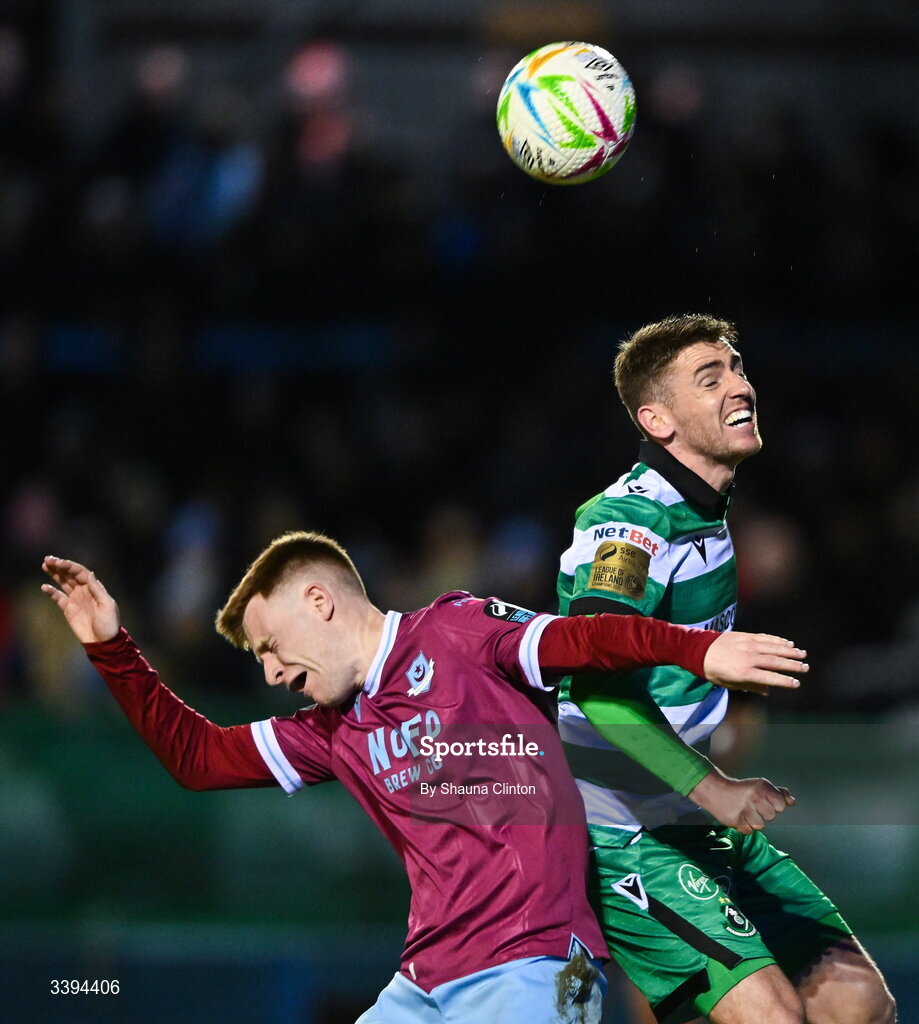 16 March 2026; Brandon Kavanagh of Drogheda United in action against Dylan Watts of Shamrock Rovers during the SSE Airtricity Men's Premier Division match between Drogheda United and Shamrock Rovers at Sullivan & Lambe Park in Drogheda, Louth. Photo by Shauna Clinton/Sportsfile