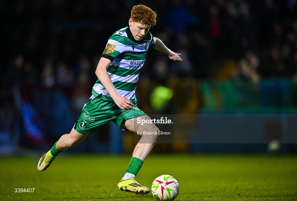 16 March 2026; Adam Brennan of Shamrock Rovers has a shot on goal during the SSE Airtricity Men's Premier Division match between Drogheda United and Shamrock Rovers at Sullivan & Lambe Park in Drogheda, Louth. Photo by Shauna Clinton/Sportsfile