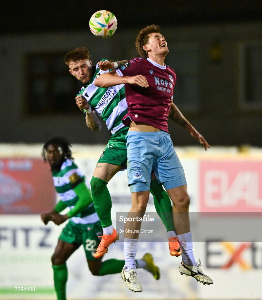 16 March 2026; Jago Godden of Drogheda United in action against Danny Grant of Shamrock Rovers during the SSE Airtricity Men's Premier Division match between Drogheda United and Shamrock Rovers at Sullivan & Lambe Park in Drogheda, Louth. Photo by Shauna Clinton/Sportsfile