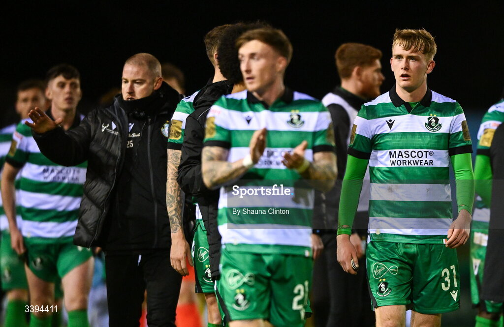 16 March 2026; Shamrock Rovers players, including Michael Noonan, right, after the SSE Airtricity Men's Premier Division match between Drogheda United and Shamrock Rovers at Sullivan & Lambe Park in Drogheda, Louth. Photo by Shauna Clinton/Sportsfile