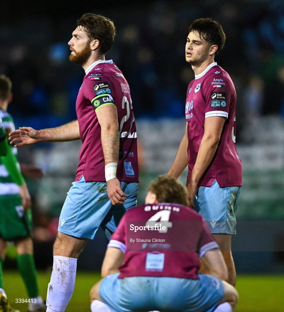 16 March 2026; Drogheda United players, from left, Conor Keeley, Andrew Quinn and Leo Burney after the SSE Airtricity Men's Premier Division match between Drogheda United and Shamrock Rovers at Sullivan & Lambe Park in Drogheda, Louth. Photo by Shauna Clinton/Sportsfile