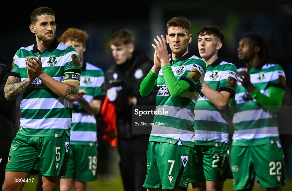 16 March 2026; Shamrock Rovers players, including Dylan Watts, centre, after the SSE Airtricity Men's Premier Division match between Drogheda United and Shamrock Rovers at Sullivan & Lambe Park in Drogheda, Louth. Photo by Shauna Clinton/Sportsfile