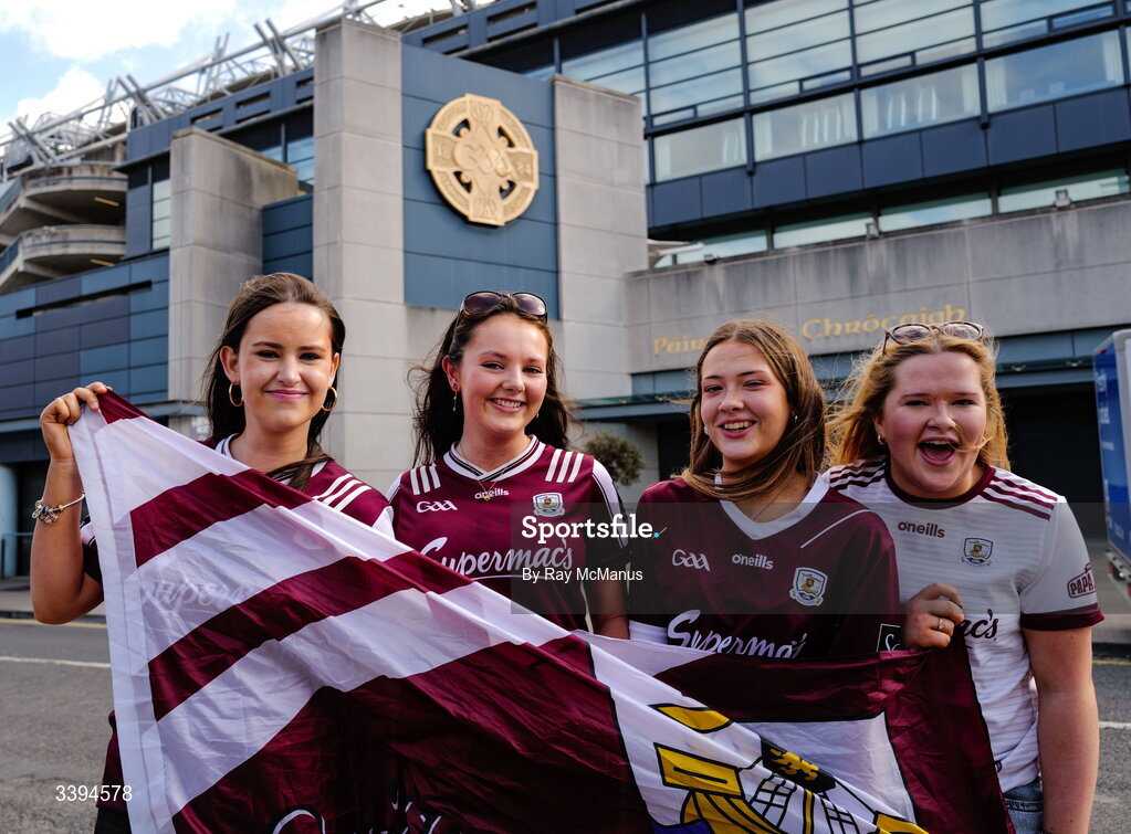 17 March 2026; Athenry supporters from left, Caoimhe Thornton, Katie Fahy, Aoibhín Murphy, and Mary McGarvey outside Croke Park before the Masita GAA Post Primary Schools Croke Cup final match between Presentation College Athenry, Galway, and St Kieran's College, Kilkenny, at Croke Park in Dublin. Photo by Ray McManus/Sportsfile