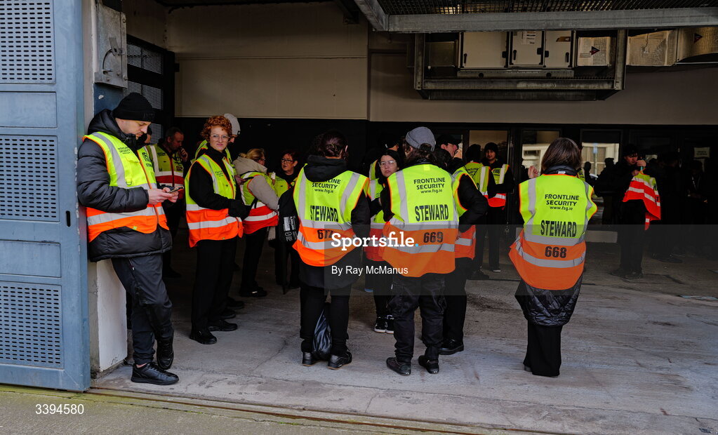 17 March 2026; Frontline Security stewards gather before taking their posts for the Masita GAA Post Primary Schools Croke Cup final match between Presentation College Athenry, Galway, and St Kieran's College, Kilkenny, at Croke Park in Dublin. Photo by Ray McManus/Sportsfile
