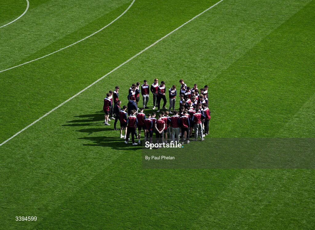 17 March 2026; Athenry players huddle during their team walk before the Masita GAA Post Primary Schools Croke Cup final match between Presentation College Athenry, Galway, and St Kieran's College, Kilkenny, at Croke Park in Dublin. Photo by Paul Phelan/Sportsfile