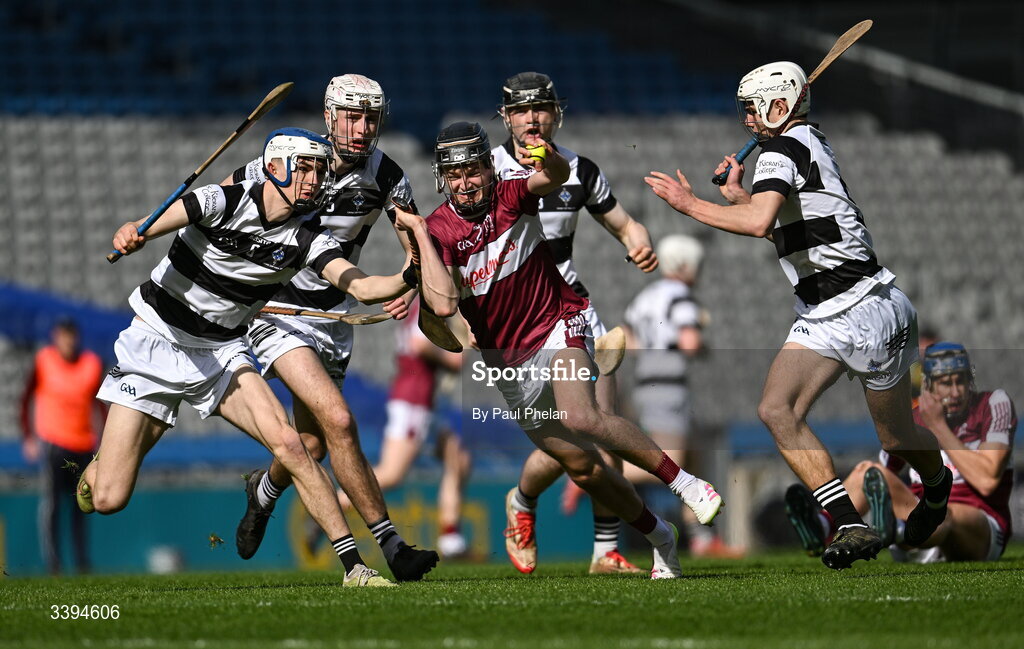 17 March 2026; Cian Hannon of Presentation College Athenry is tackled by Louis Raggett and Diarmuid Behan of St Kieran's College during the Masita GAA Post Primary Schools Croke Cup final match between Presentation College Athenry, Galway, and St Kieran's College, Kilkenny, at Croke Park in Dublin. Photo by Paul Phelan/Sportsfile