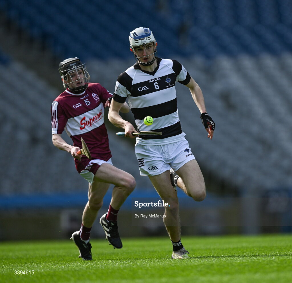 17 March 2026; Louis Raggett of St Kieran's College is tackled by Niall Kelly of Athenry during the Masita GAA Post Primary Schools Croke Cup final match between Presentation College Athenry, Galway, and St Kieran's College, Kilkenny, at Croke Park in Dublin. Photo by Ray McManus/Sportsfile