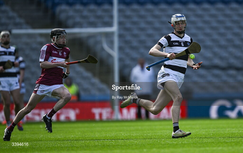 17 March 2026; Louis Raggett of St Kieran's College races clear of Niall Kelly of Athenry during the Masita GAA Post Primary Schools Croke Cup final match between Presentation College Athenry, Galway, and St Kieran's College, Kilkenny, at Croke Park in Dublin. Photo by Ray McManus/Sportsfile