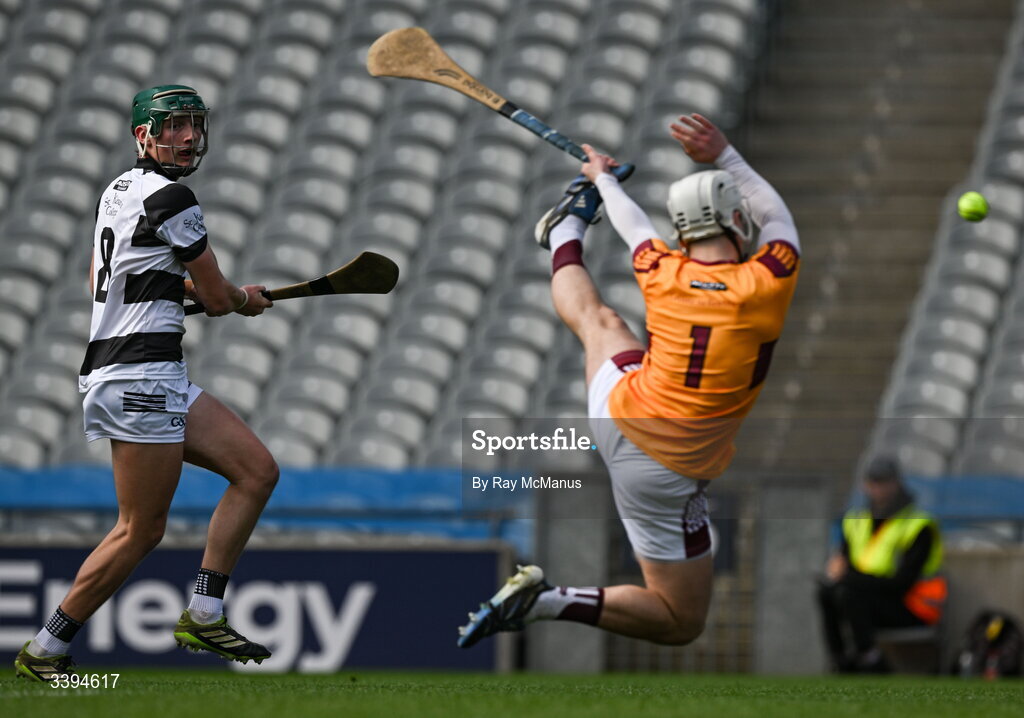 17 March 2026; Gearóid O’Shea of St Kieran's College shoots past Athenry goalkeeper Cathal Mannion to score a goal, in the 7th minute, during the Masita GAA Post Primary Schools Croke Cup final match between Presentation College Athenry, Galway, and St Kieran's College, Kilkenny, at Croke Park in Dublin. Photo by Ray McManus/Sportsfile