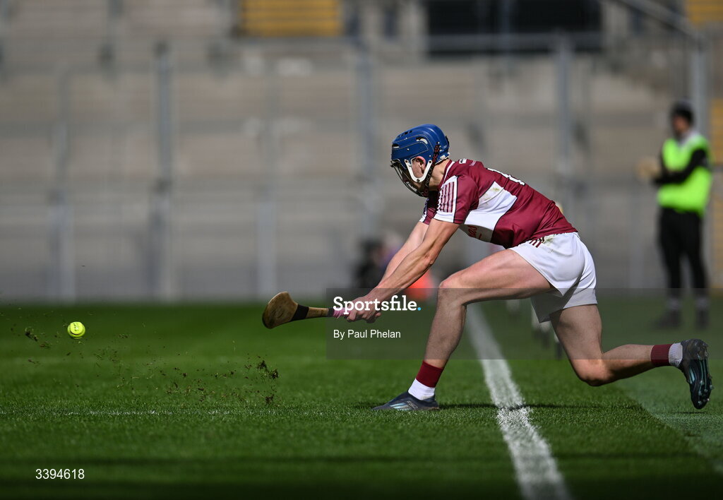 17 March 2026; Ciarán Leen of Athenry takes a sideline cut during the Masita GAA Post Primary Schools Croke Cup final match between Presentation College Athenry, Galway, and St Kieran's College, Kilkenny, at Croke Park in Dublin. Photo by Paul Phelan/Sportsfile