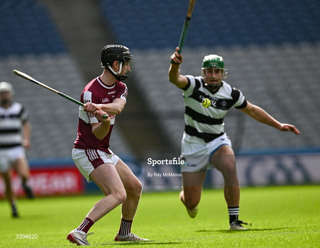 17 March 2026; Éanna McDonagh of Athenry clears under pressure from Eoghan Cahill of St Kieran's College during the Masita GAA Post Primary Schools Croke Cup final match between Presentation College Athenry, Galway, and St Kieran's College, Kilkenny, at Croke Park in Dublin. Photo by Ray McManus/Sportsfile