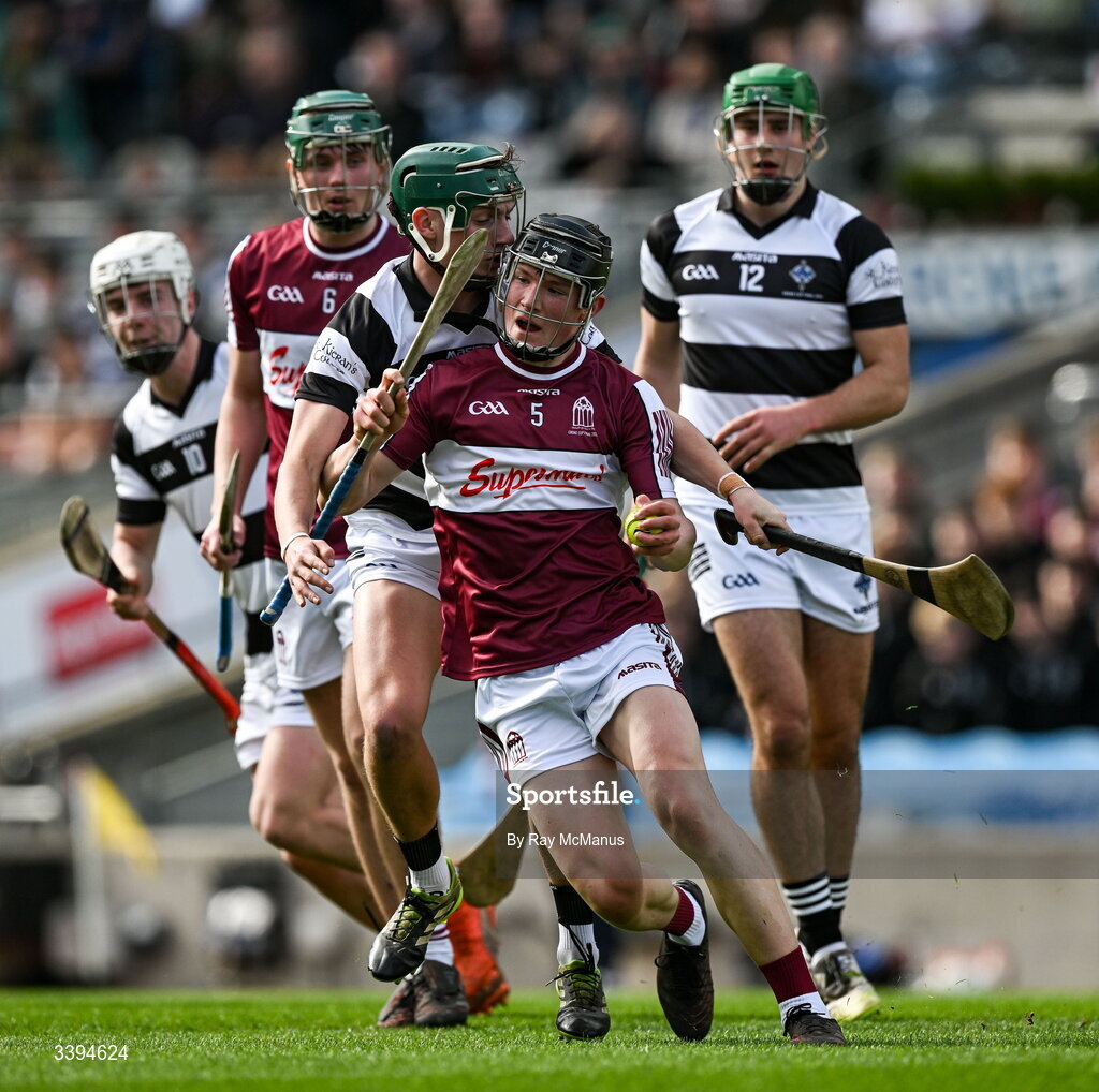 17 March 2026; Cathal Donoghue of Athenry is tackled by Gearóid O’Shea of St Kieran's College during the Masita GAA Post Primary Schools Croke Cup final match between Presentation College Athenry, Galway, and St Kieran's College, Kilkenny, at Croke Park in Dublin. Photo by Ray McManus/Sportsfile