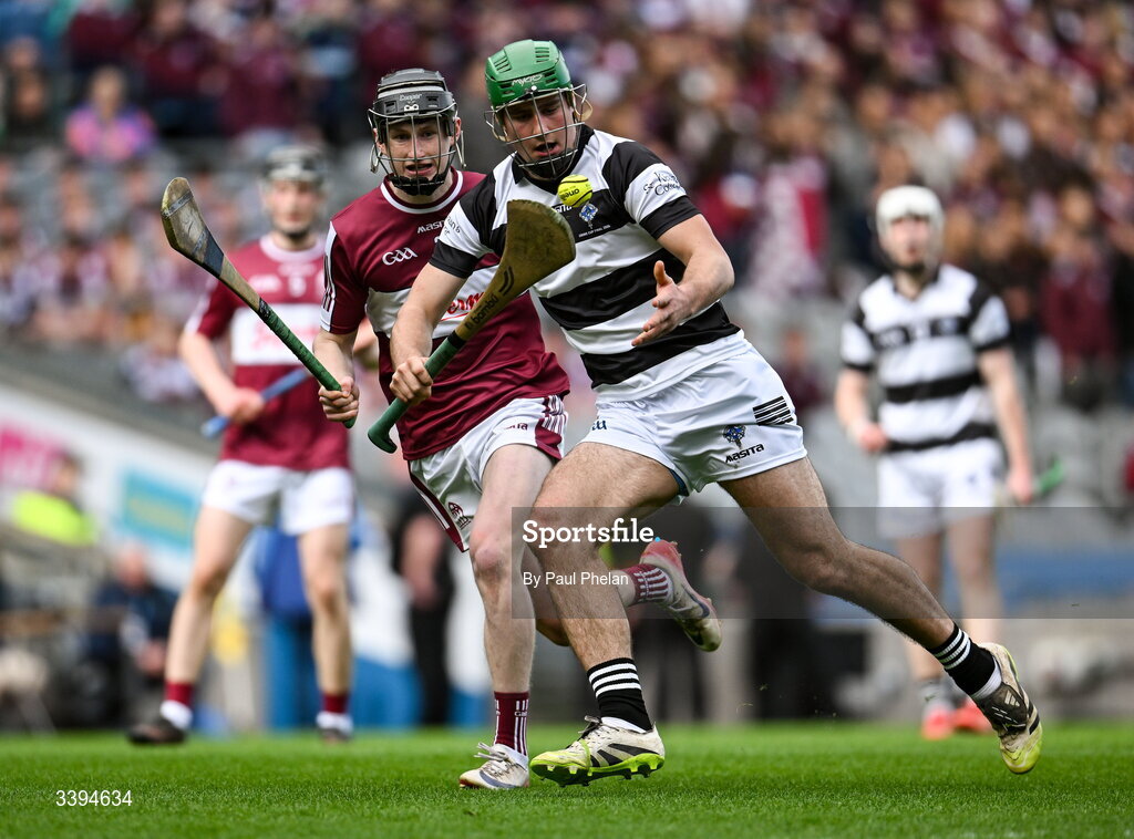 17 March 2026; Eoghan Cahill of St Kieran's College is tackled by Éanna McDonagh of Athenry during the Masita GAA Post Primary Schools Croke Cup final match between Presentation College Athenry, Galway, and St Kieran's College, Kilkenny, at Croke Park in Dublin. Photo by Paul Phelan/Sportsfile