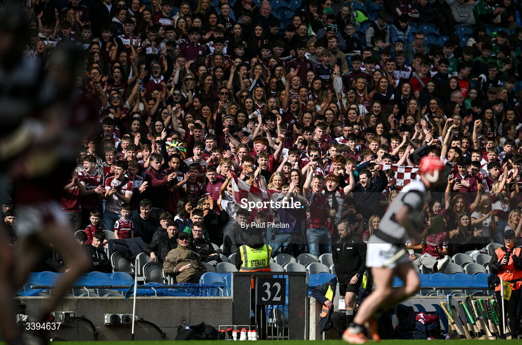 17 March 2026; Athenry fans celebrate during the Masita GAA Post Primary Schools Croke Cup final match between Presentation College Athenry, Galway, and St Kieran's College, Kilkenny, at Croke Park in Dublin. Photo by Paul Phelan/Sportsfile
