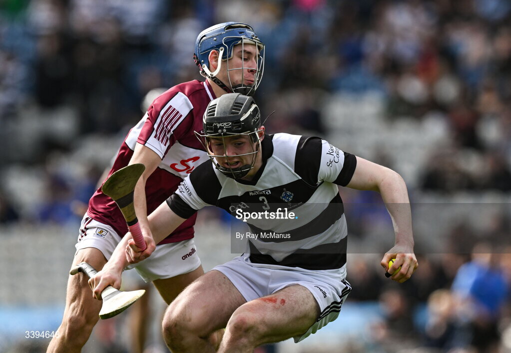 17 March 2026; David Barcoe of St Kieran's College is tackled by Ciarán Leen of Athenry during the Masita GAA Post Primary Schools Croke Cup final match between Presentation College Athenry, Galway, and St Kieran's College, Kilkenny, at Croke Park in Dublin. Photo by Ray McManus/Sportsfile