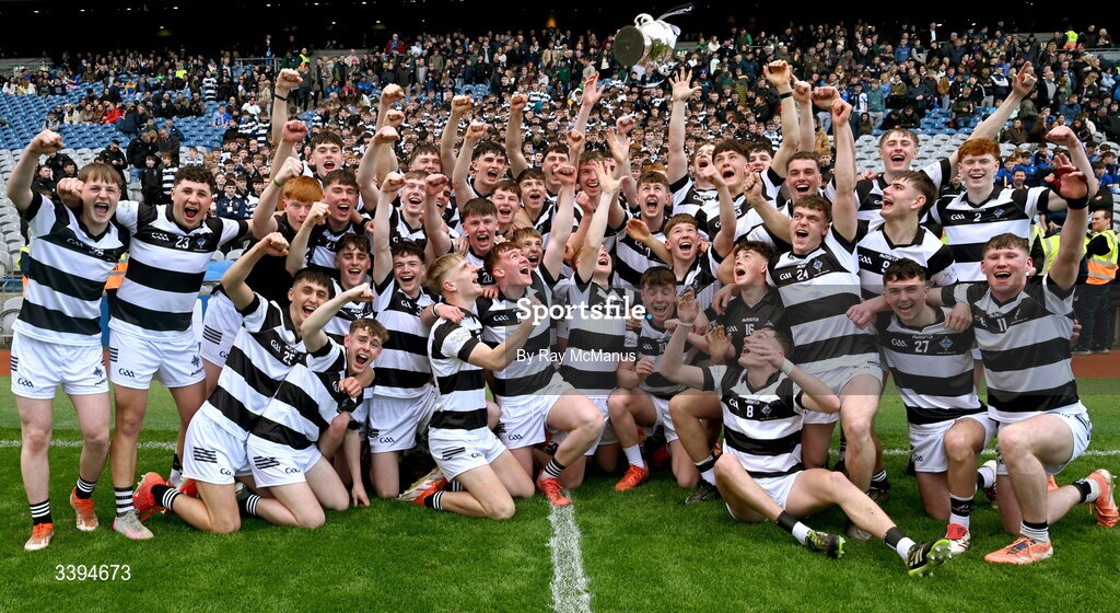 17 March 2026; St Kieran's College players celebrate with the Croke Cup after the Masita GAA Post Primary Schools Croke Cup final match between Presentation College Athenry, Galway, and St Kieran's College, Kilkenny, at Croke Park in Dublin. Photo by Ray McManus/Sportsfile
