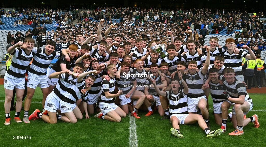 17 March 2026; St Kieran's College players celebrate with the Croke Cup after the Masita GAA Post Primary Schools Croke Cup final match between Presentation College Athenry, Galway, and St Kieran's College, Kilkenny, at Croke Park in Dublin. Photo by Ray McManus/Sportsfile