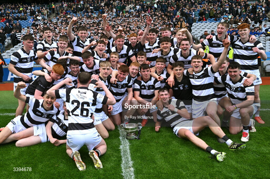 17 March 2026; Cian Doherty wearing the 26 jersey and the St Kieran's College players celebrate with the Croke Cup after the Masita GAA Post Primary Schools Croke Cup final match between Presentation College Athenry, Galway, and St Kieran's College, Kilkenny, at Croke Park in Dublin. Photo by Ray McManus/Sportsfile