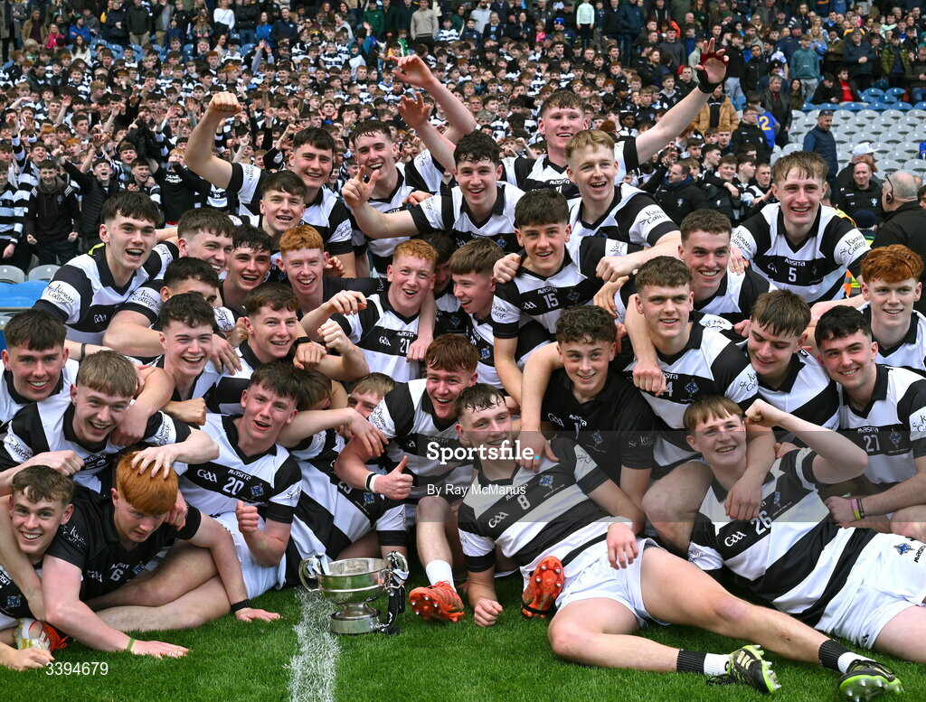 17 March 2026; The St Kieran's College players celebrate with the Croke Cup in front of their supporters after the Masita GAA Post Primary Schools Croke Cup final match between Presentation College Athenry, Galway, and St Kieran's College, Kilkenny, at Croke Park in Dublin. Photo by Ray McManus/Sportsfile