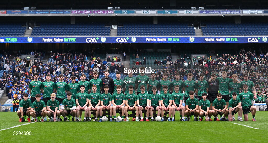 17 March 2026; The Coláiste Mhuire Mullingar squad before the Masita GAA Post Primary Schools Hogan Cup final match between Coláiste Mhuire Mullingar, Westmeath, and Tralee CBS, Kerry, at Croke Park in Dublin. Photo by Paul Phelan/Sportsfile