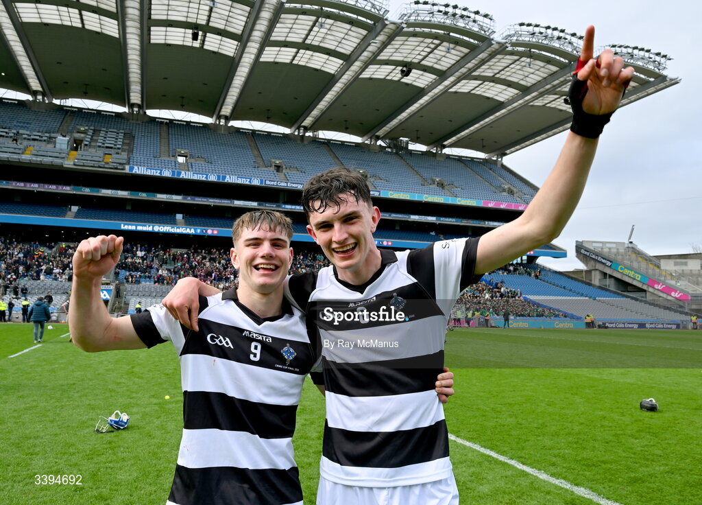 17 March 2026; Diarmuid Behan and Louis Raggett of St Kieran's College celebrate victory in the Masita GAA Post Primary Schools Croke Cup final match between Presentation College Athenry, Galway, and St Kieran's College, Kilkenny, at Croke Park in Dublin. Photo by Ray McManus/Sportsfile