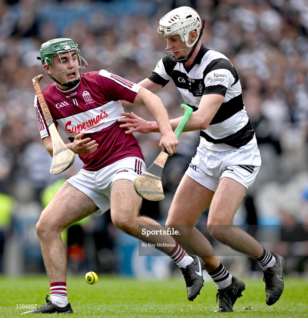 17 March 2026; Niall McCarthy of Athenry is tackled by Bill McDermott of St Kieran's College during the Masita GAA Post Primary Schools Croke Cup final match between Presentation College Athenry, Galway, and St Kieran's College, Kilkenny, at Croke Park in Dublin. Photo by Ray McManus/Sportsfile
