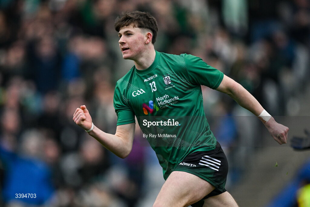 17 March 2026; Will Scahill of Coláiste Mhuire, Mullingar celebrates scoring his side's third minute goal  during the Masita GAA Post Primary Schools Hogan Cup final match between Coláiste Mhuire Mullingar, Westmeath, and Tralee CBS, Kerry,  at Croke Park in Dublin. Photo by Ray McManus/Sportsfile