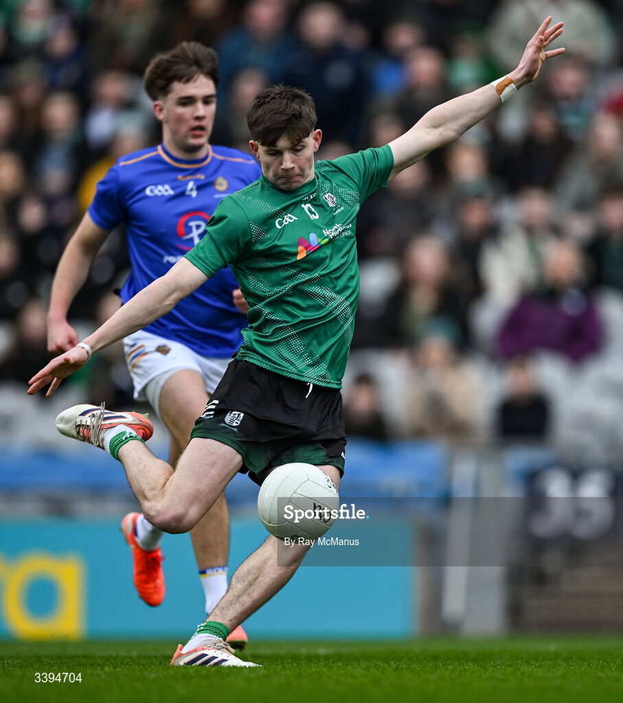 17 March 2026; Will Scahill of Coláiste Mhuire, Mullingar shoots to score a third minute goal during the Masita GAA Post Primary Schools Hogan Cup final match between Coláiste Mhuire Mullingar, Westmeath, and Tralee CBS, Kerry,  at Croke Park in Dublin. Photo by Ray McManus/Sportsfile