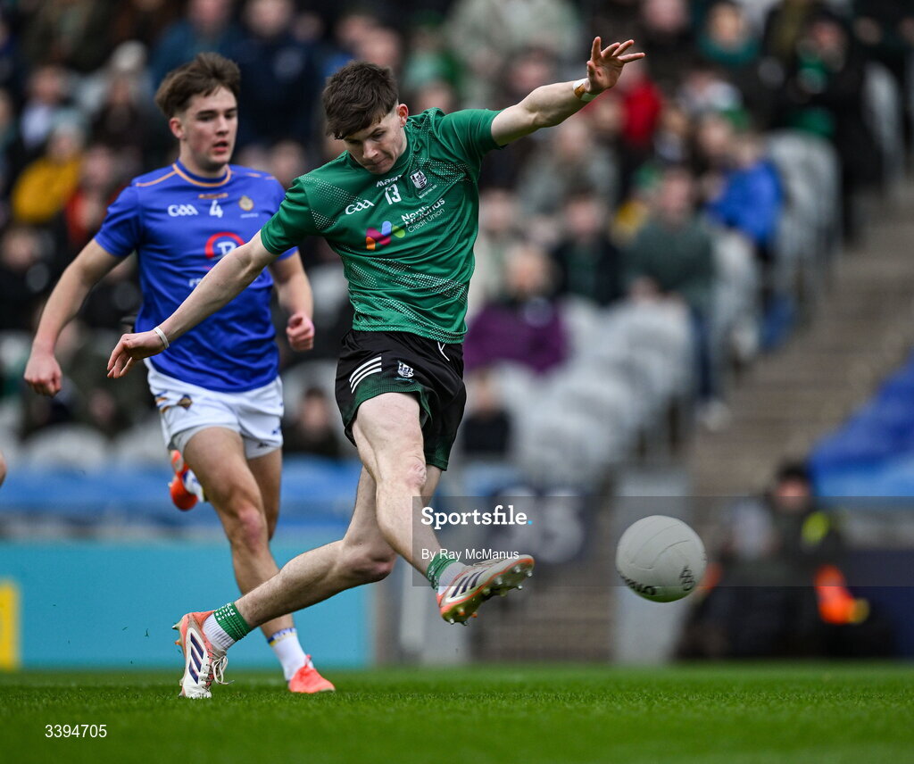 17 March 2026; Will Scahill of Coláiste Mhuire, Mullingar shoots to score a third minute goal during the Masita GAA Post Primary Schools Hogan Cup final match between Coláiste Mhuire Mullingar, Westmeath, and Tralee CBS, Kerry,  at Croke Park in Dublin. Photo by Ray McManus/Sportsfile