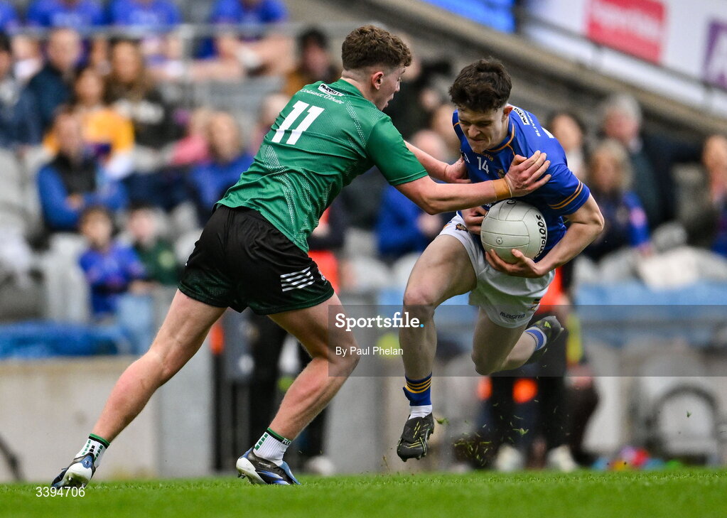 17 March 2026; Gearóid White of Tralee CBS in action against Kian Loughlin of Coláiste Mhuire, Mullingar during the Masita GAA Post Primary Schools Hogan Cup final match between Coláiste Mhuire Mullingar, Westmeath, and Tralee CBS, Kerry, at Croke Park in Dublin. Photo by Paul Phelan/Sportsfile