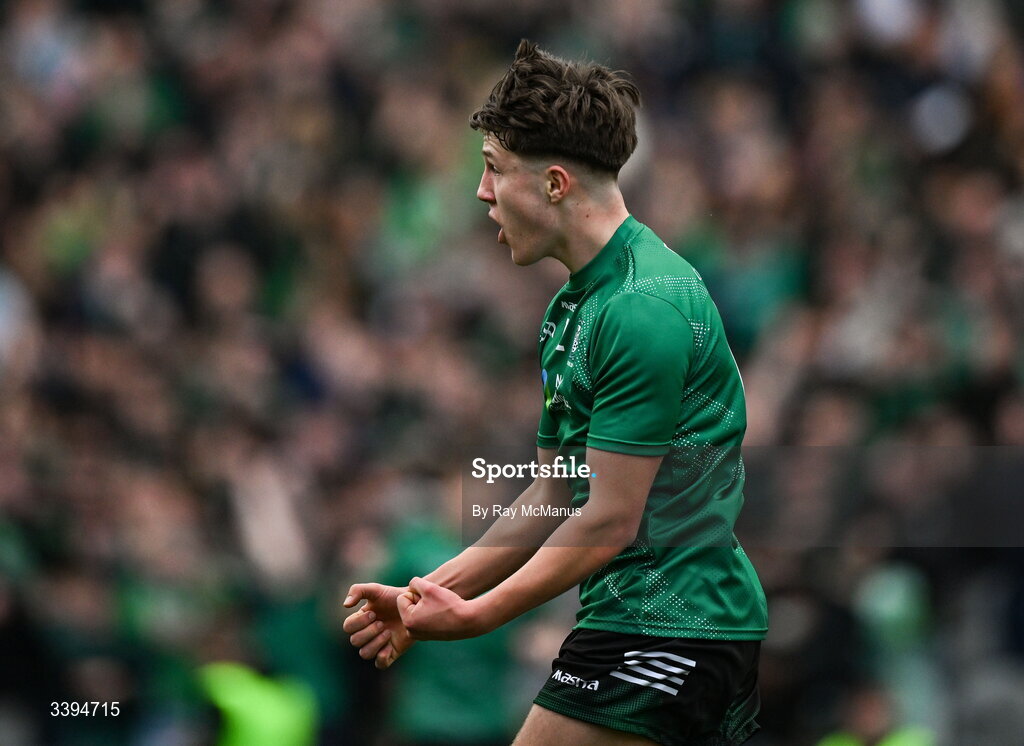 17 March 2026; Conor Cleary of Coláiste Mhuire, Mullingar celebrates scoring his side's second goal, in the 15th minute, during the Masita GAA Post Primary Schools Hogan Cup final match between Coláiste Mhuire Mullingar, Westmeath, and Tralee CBS, Kerry,  at Croke Park in Dublin. Photo by Ray McManus/Sportsfile