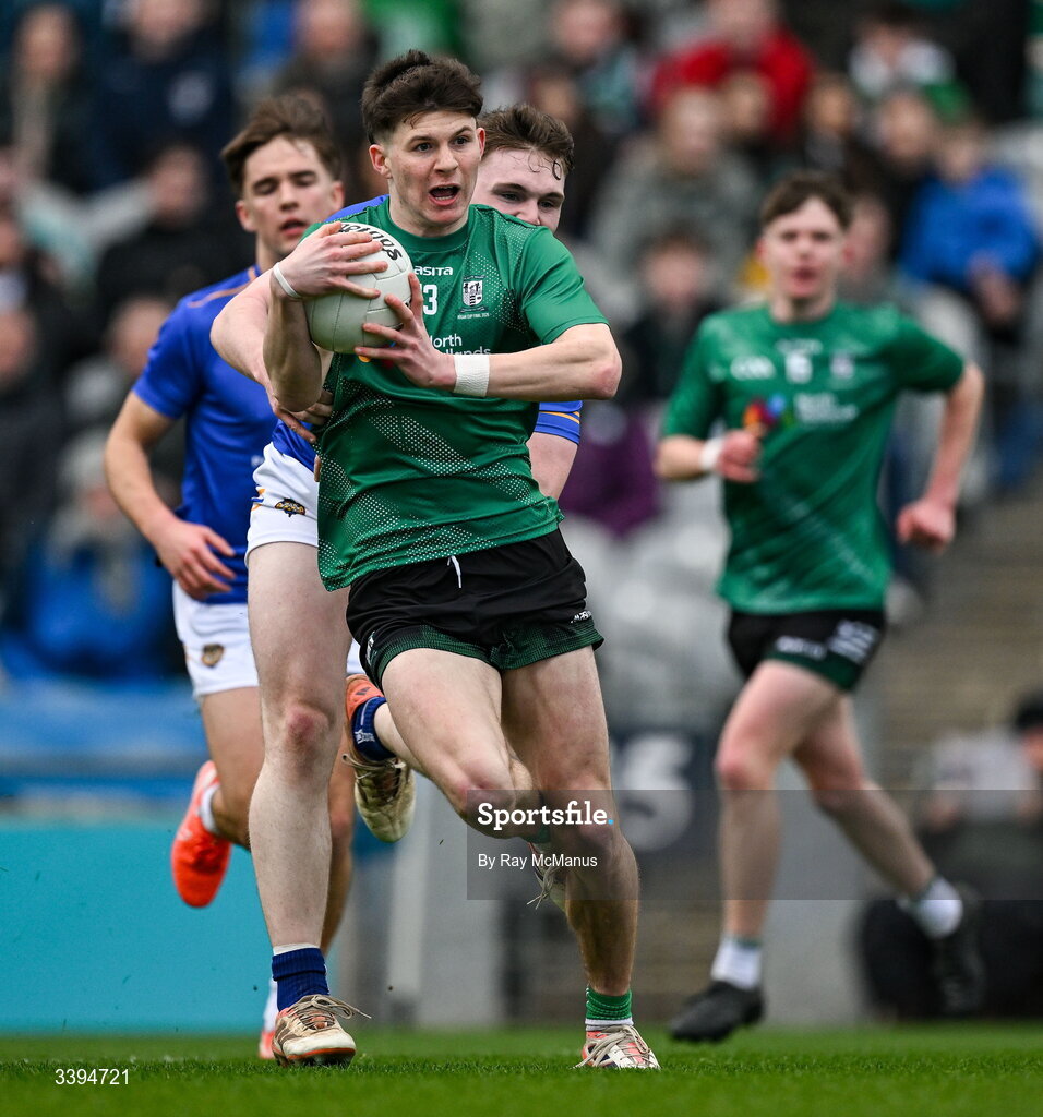 17 March 2026; Will Scahill of Coláiste Mhuire, Mullingar in action against Eoin Moriarty of Tralee CBS during the Masita GAA Post Primary Schools Hogan Cup final match between Coláiste Mhuire Mullingar, Westmeath, and Tralee CBS, Kerry,  at Croke Park in Dublin. Photo by Ray McManus/Sportsfile