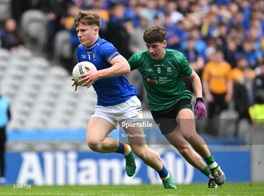17 March 2026; Máirtín McKivergan of Tralee CBS in action against Seán Byrne of Coláiste Mhuire Mullingar during the Masita GAA Post Primary Schools Hogan Cup final match between Coláiste Mhuire Mullingar, Westmeath, and Tralee CBS, Kerry, at Croke Park in Dublin. Photo by Paul Phelan/Sportsfile