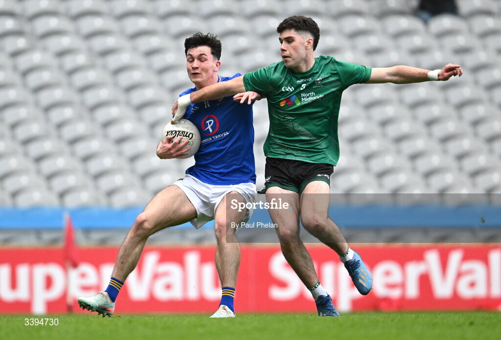 17 March 2026; Ronan Carroll of Tralee CBS in action against Ty Masterson of Coláiste Mhuire, Mullingar during the Masita GAA Post Primary Schools Hogan Cup final match between Coláiste Mhuire Mullingar, Westmeath, and Tralee CBS, Kerry, at Croke Park in Dublin. Photo by Paul Phelan/Sportsfile