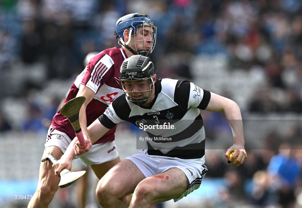 17 March 2026; David Barcoe of St Kieran's College is tackled by Ciarán Leen of Athenry during the Masita GAA Post Primary Schools Croke Cup final match between Presentation College Athenry, Galway, and St Kieran's College, Kilkenny, at Croke Park in Dublin. Photo by Ray McManus/Sportsfile