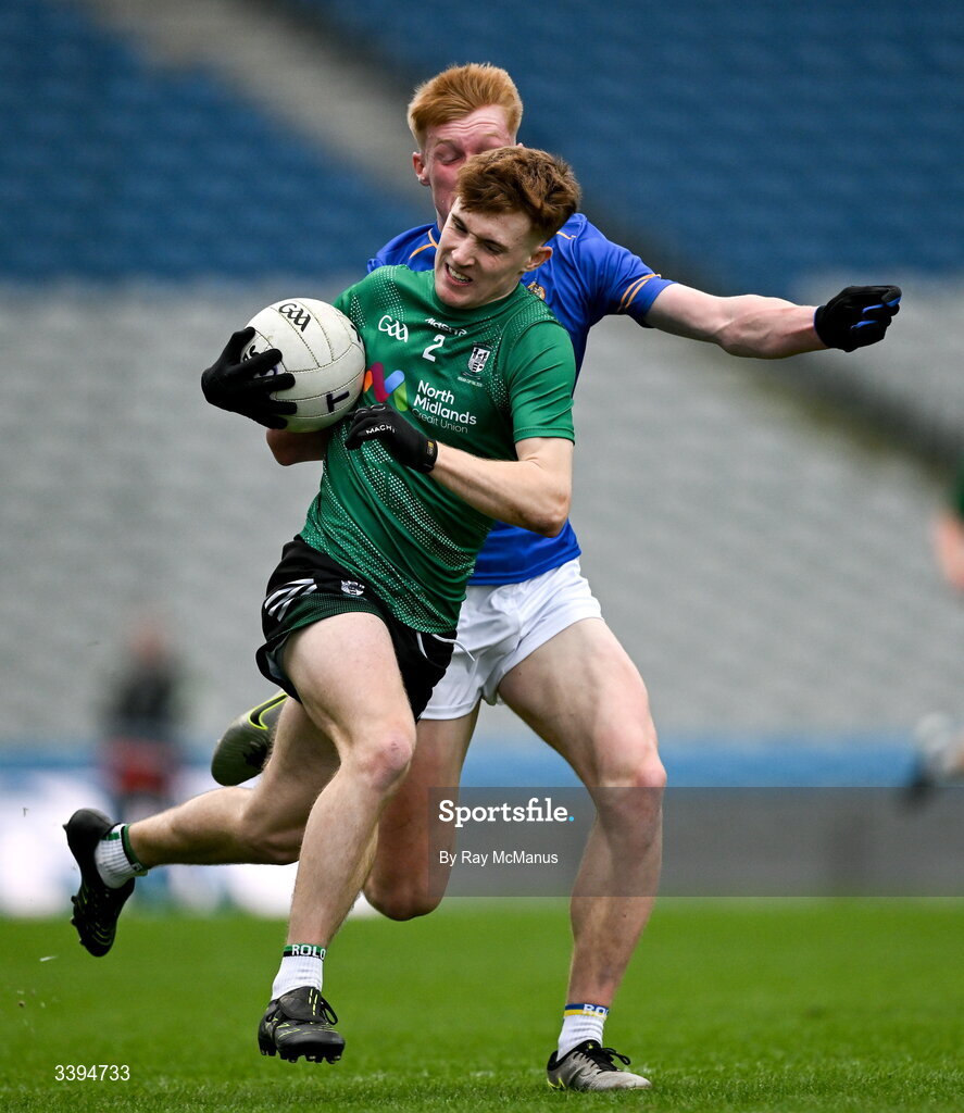 17 March 2026; Ben Sheerin of Coláiste Mhuire Mullingar is tackled by Eoin O’Flaherty of Tralee CBS during the Masita GAA Post Primary Schools Hogan Cup final match between Coláiste Mhuire Mullingar, Westmeath, and Tralee CBS, Kerry,  at Croke Park in Dublin. Photo by Ray McManus/Sportsfile