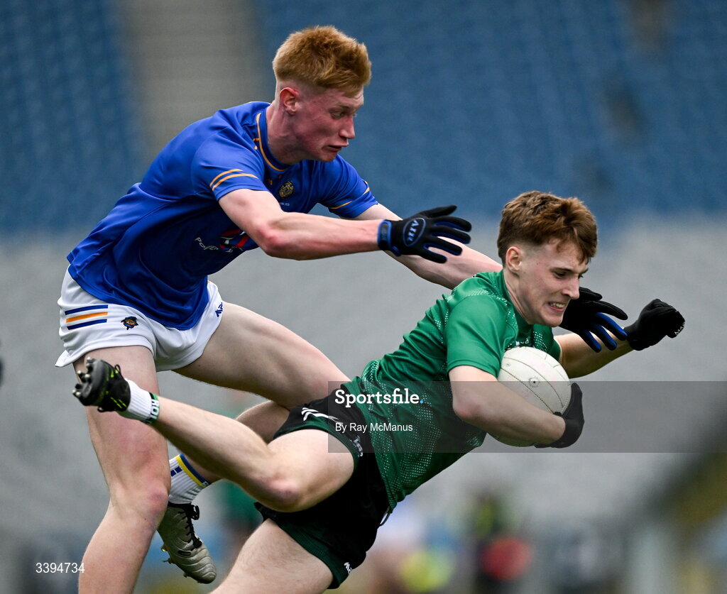 17 March 2026; Ben Sheerin of Coláiste Mhuire Mullingar is tackled by Eoin O’Flaherty of Tralee CBS during the Masita GAA Post Primary Schools Hogan Cup final match between Coláiste Mhuire Mullingar, Westmeath, and Tralee CBS, Kerry,  at Croke Park in Dublin. Photo by Ray McManus/Sportsfile